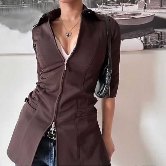 Vintage 90s brown preppy going out soft grunge blouse - Picture 2 of 6